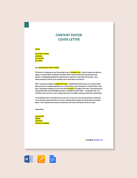 Content Editor Cover Letter Template - Google Docs, Word | Template.net