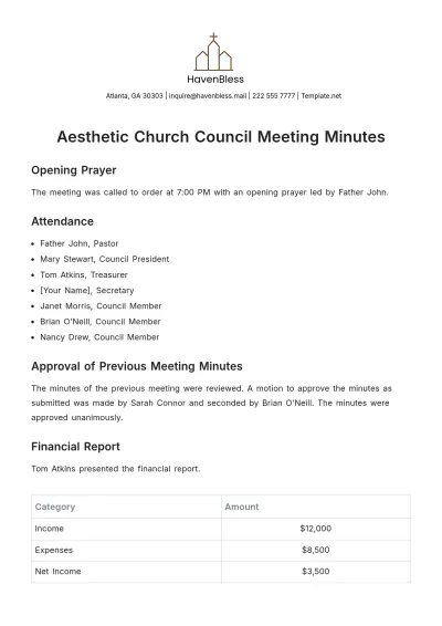 Free Aesthetic Church Council Meeting Minute Template to Edit Online