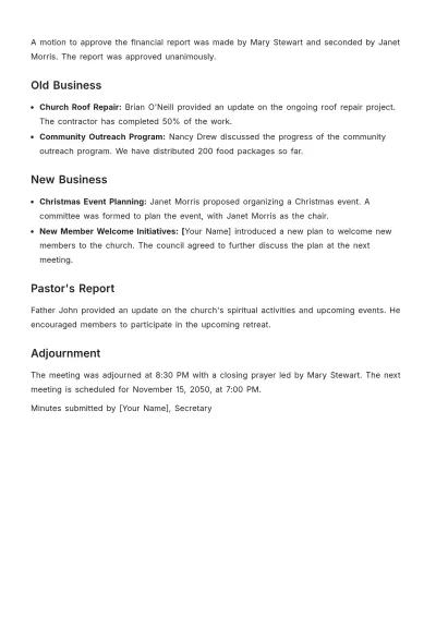 Free Aesthetic Church Council Meeting Minute Template to Edit Online