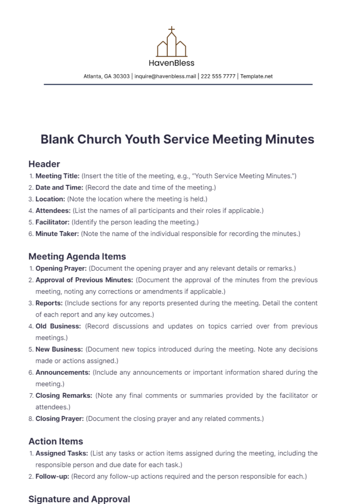 Blank Church Youth Service Meeting Minute Template - Edit Online & Download