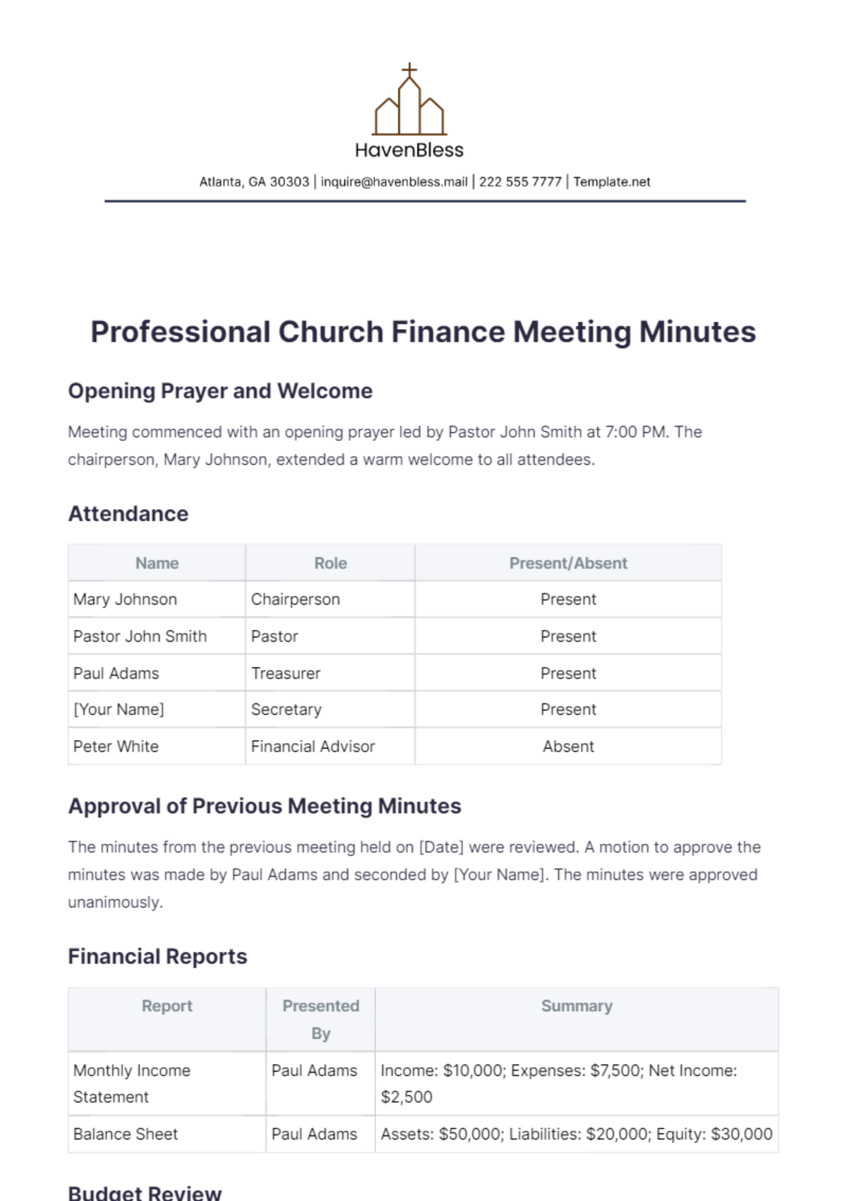 Professional Church Finance Meeting Minute Template - Edit Online & Download