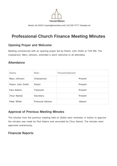 Free Professional Church Finance Meeting Minute Template to Edit Online