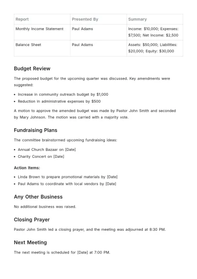 Free Professional Church Finance Meeting Minute Template to Edit Online