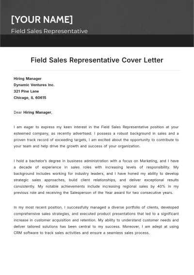 Free Field Sales Representative Cover Letter to Edit Online