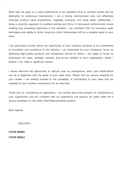 Free Field Sales Representative Cover Letter to Edit Online