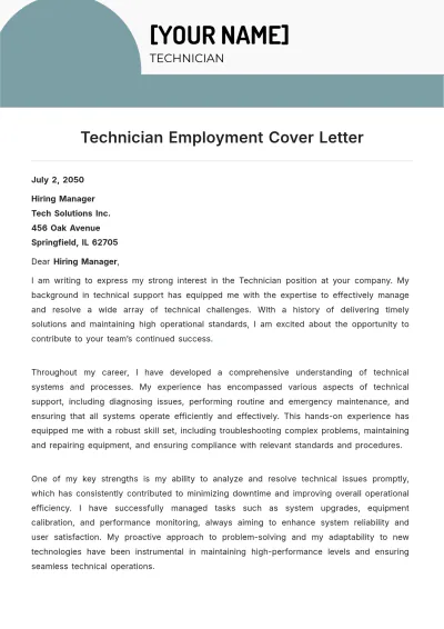Free Technician Employment Cover Letter to Edit Online