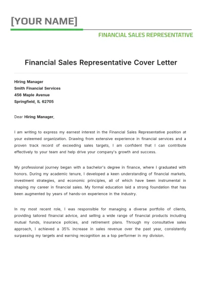 Free Financial Sales Representative Cover Letter to Edit Online