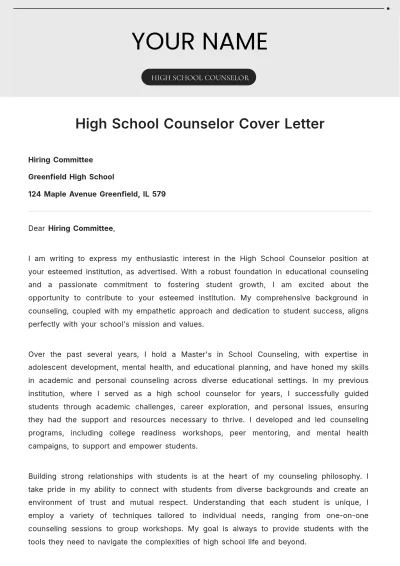 Free High School Counselor Cover Letter to Edit Online