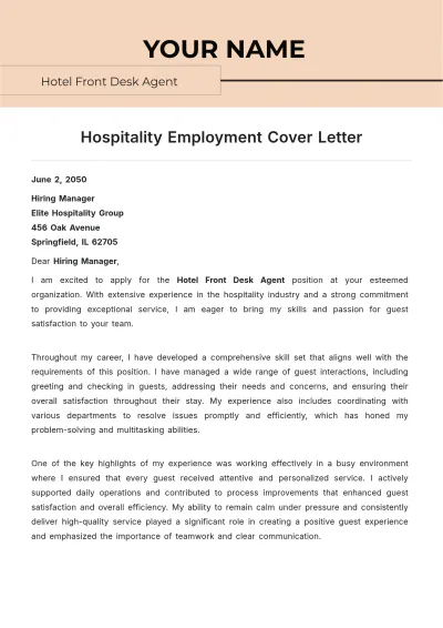 Free Hospitality Employment Cover Letter to Edit Online