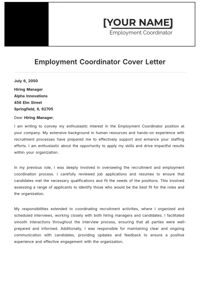 Free Employment Coordinator Cover Letter to Edit Online