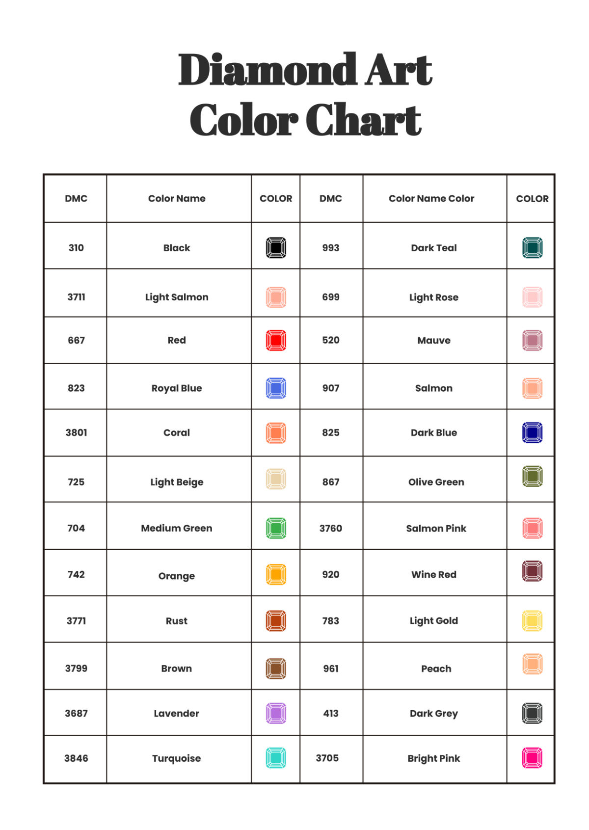 Diamond Art Color Chart