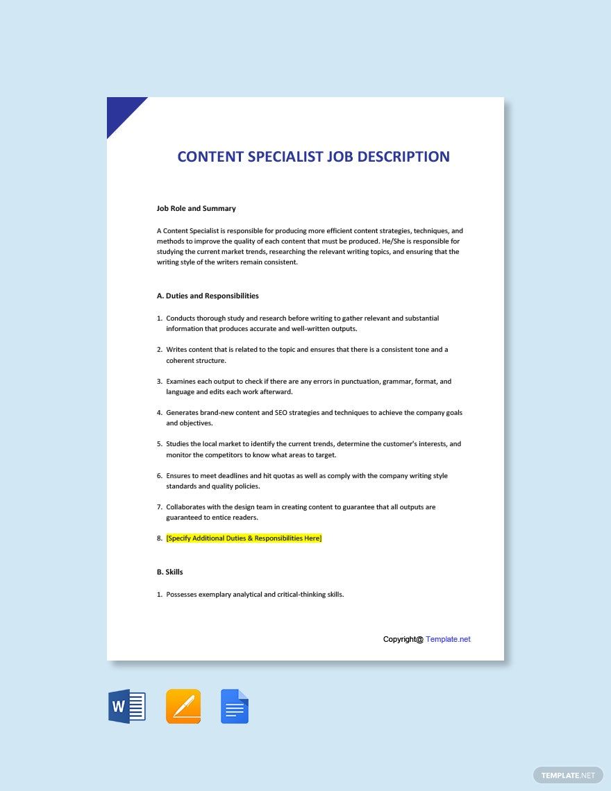 Content Specialist Job Ad/Description Template
