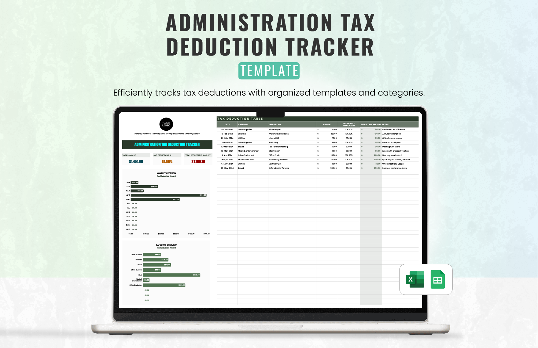 Administration Tax Deduction Tracker Template in Excel, Google Sheets