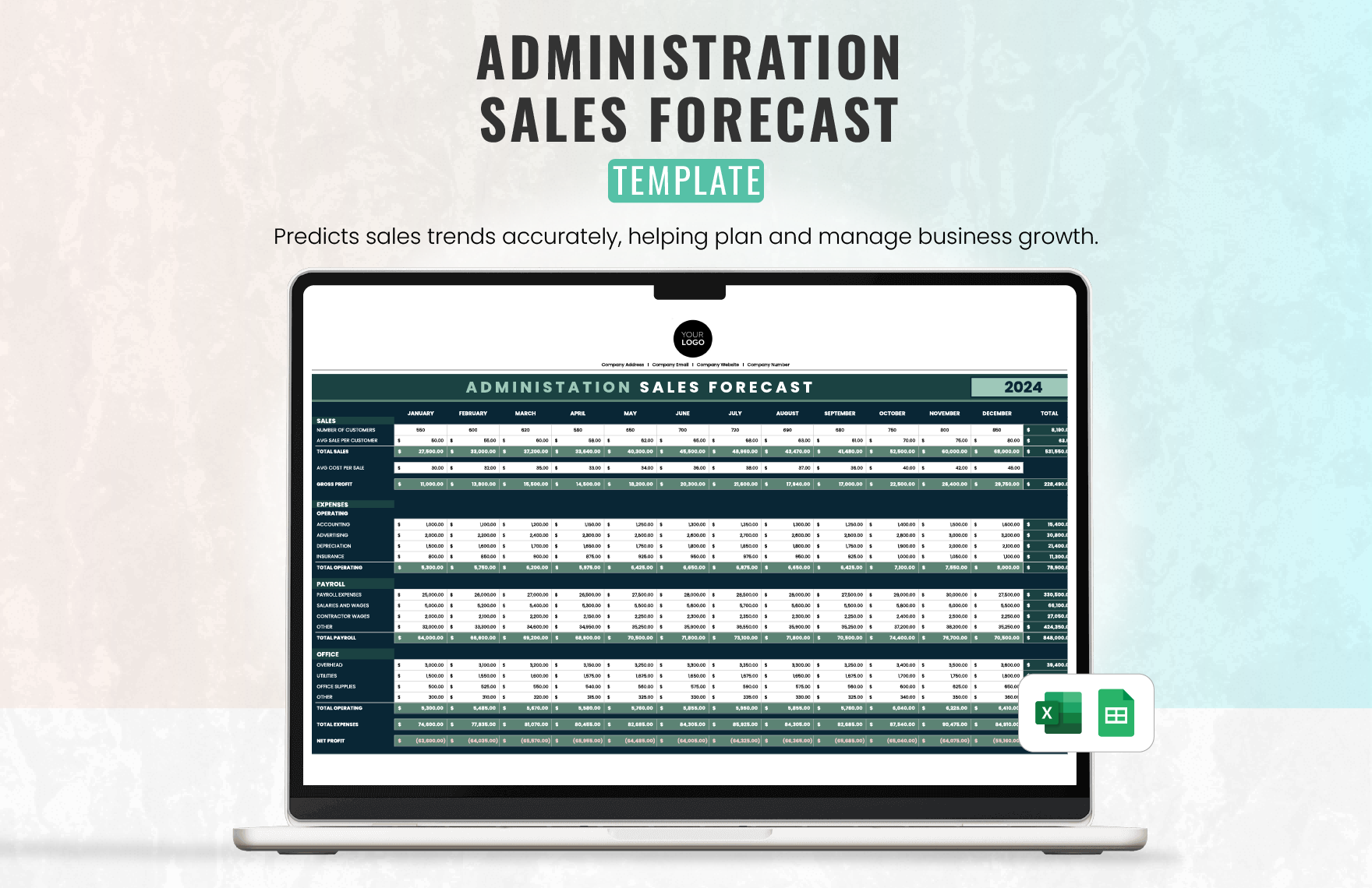 Administration Sales Forecast Template in Excel, Google Sheets