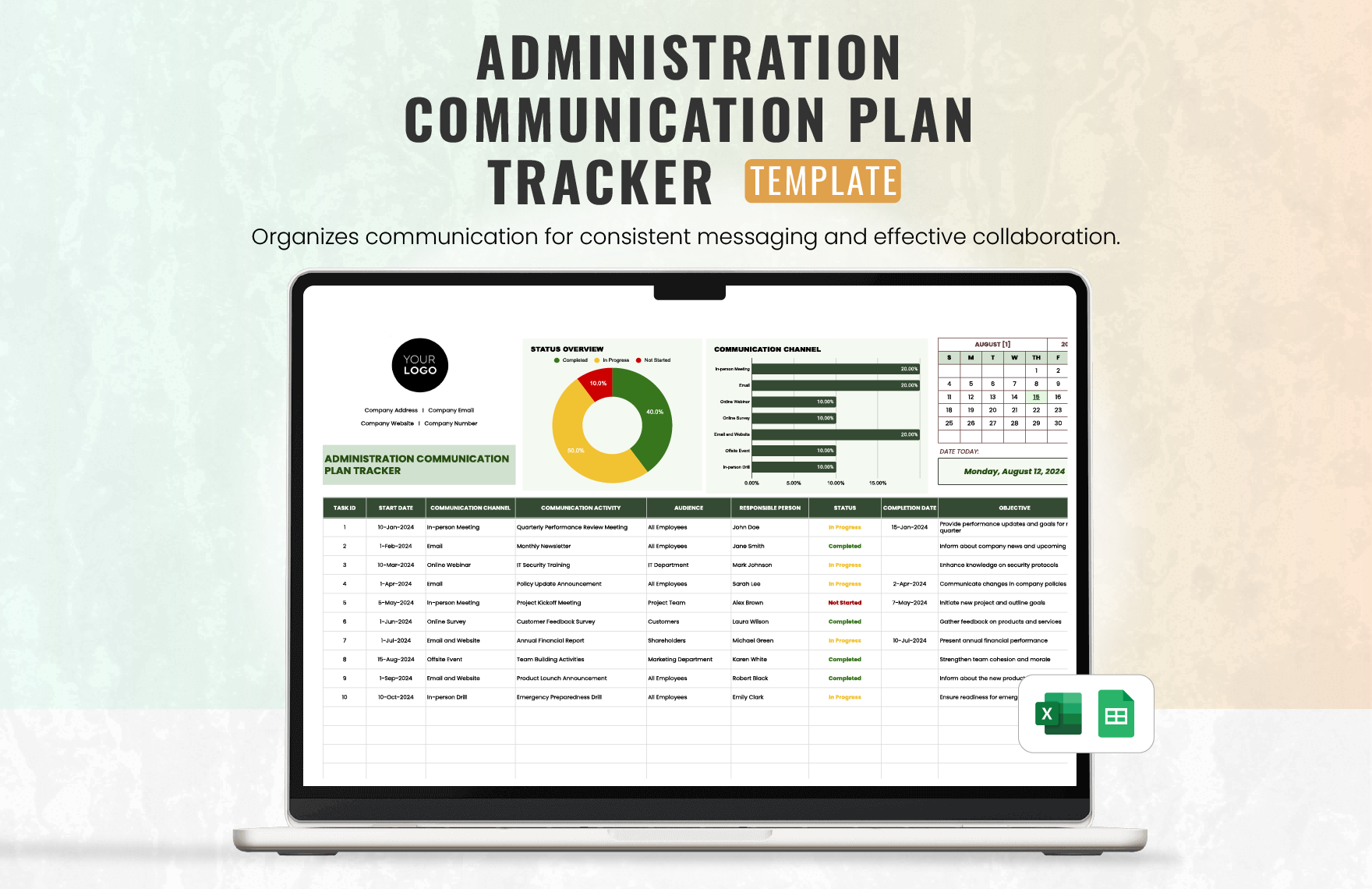 Administration Communication Plan Tracker Template in Excel, Google Sheets