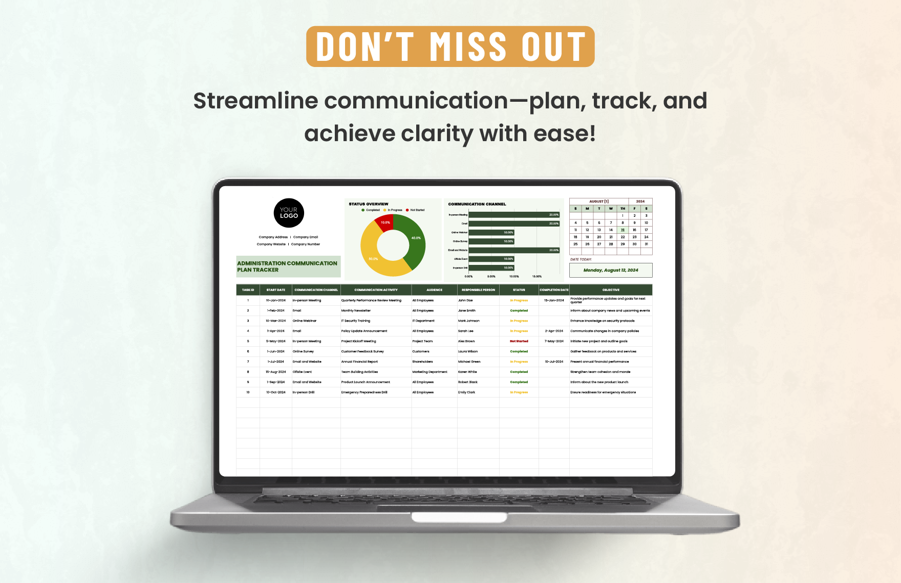 Administration Communication Plan Tracker Template