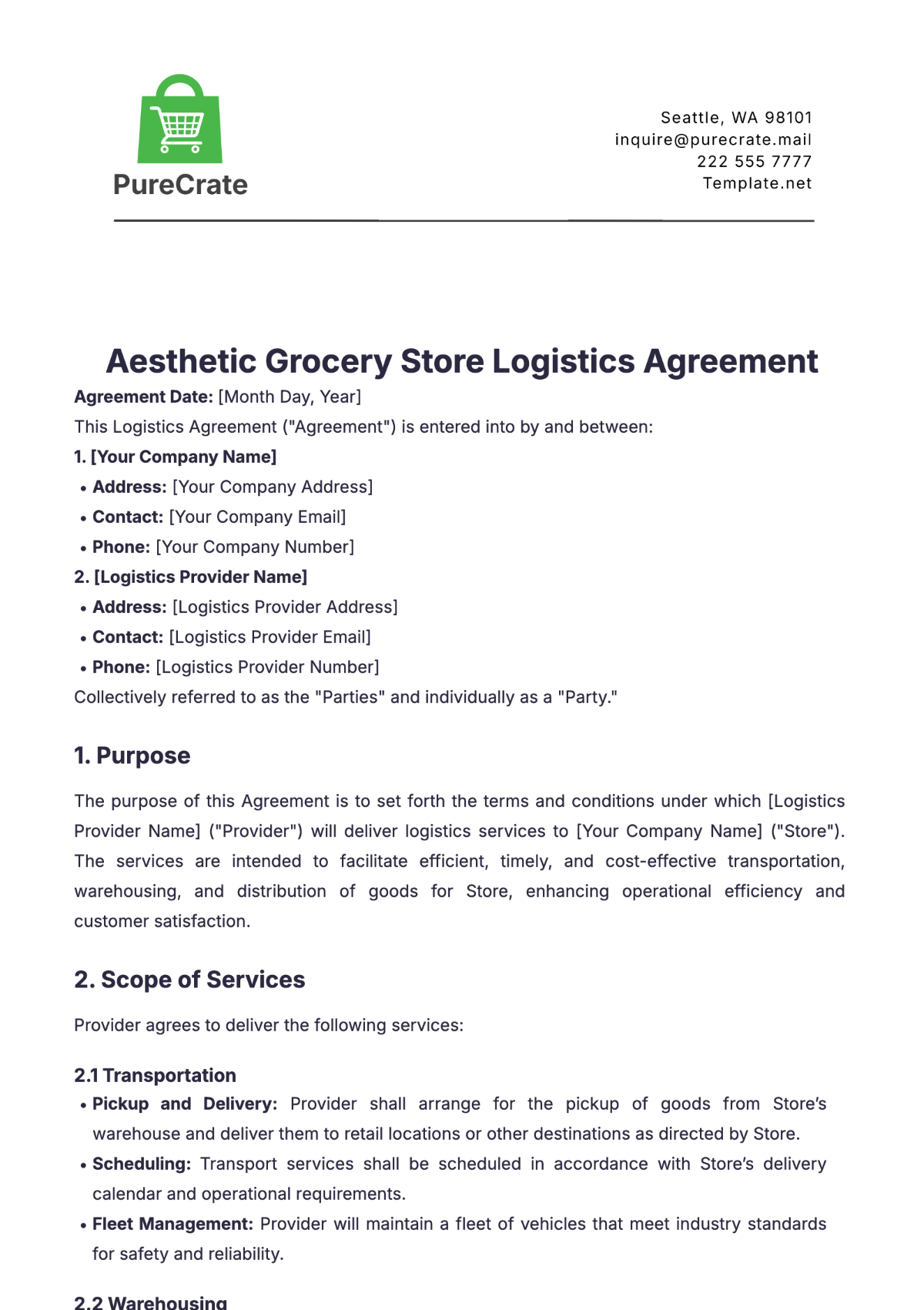 Aesthetic Grocery Store Logistics Agreement Template - Edit Online & Download