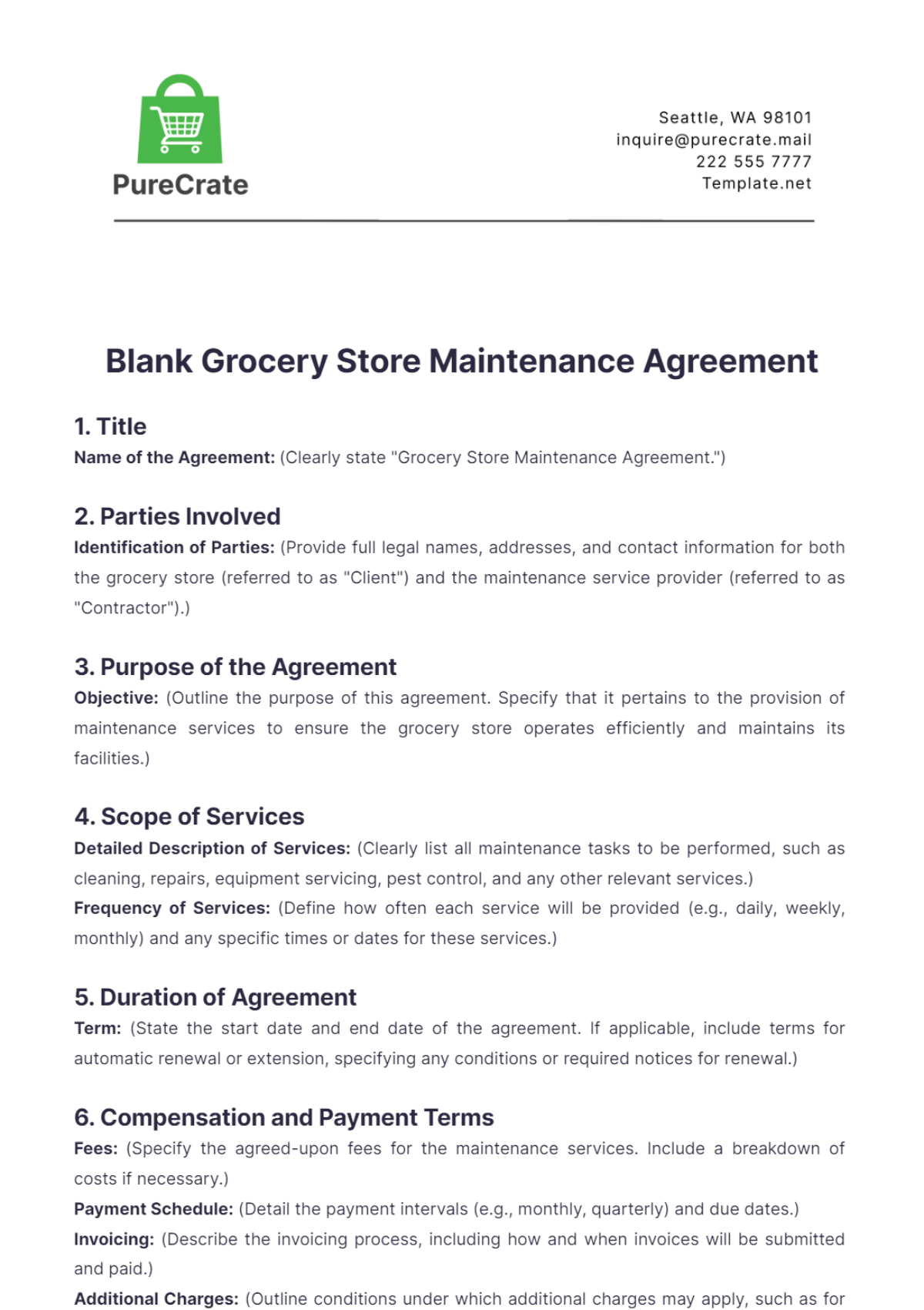 Blank Grocery Store Maintenance Agreement Template - Edit Online & Download