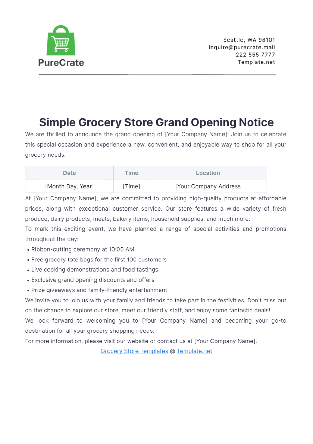 Simple Grocery Store Grand Opening Notice Template - Edit Online & Download