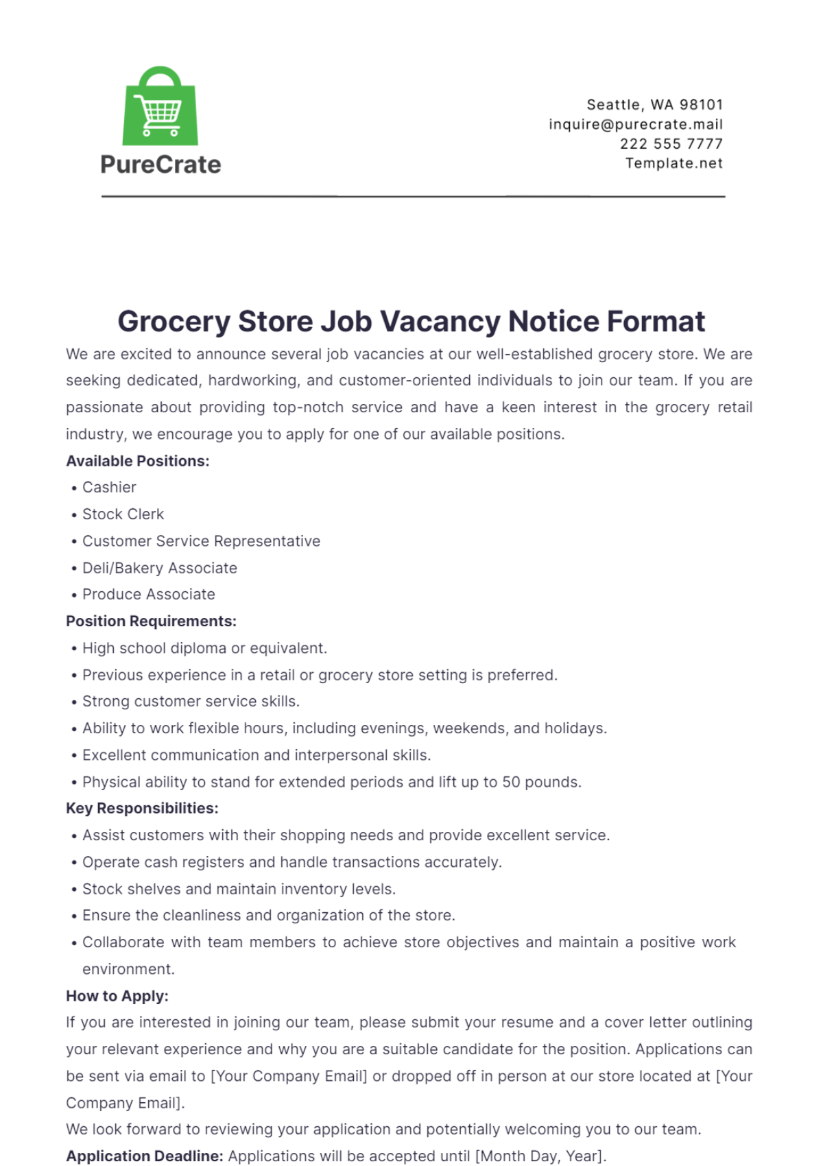 Grocery Store Job Vacancy Notice Format Template - Edit Online & Download