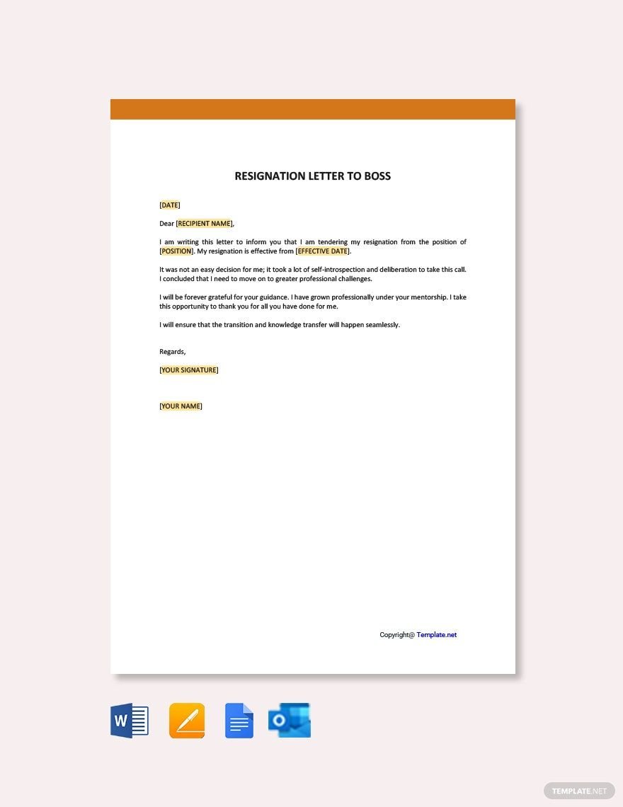Resignation Letter to Boss in Word, Google Docs, PDF, Apple Pages, Outlook