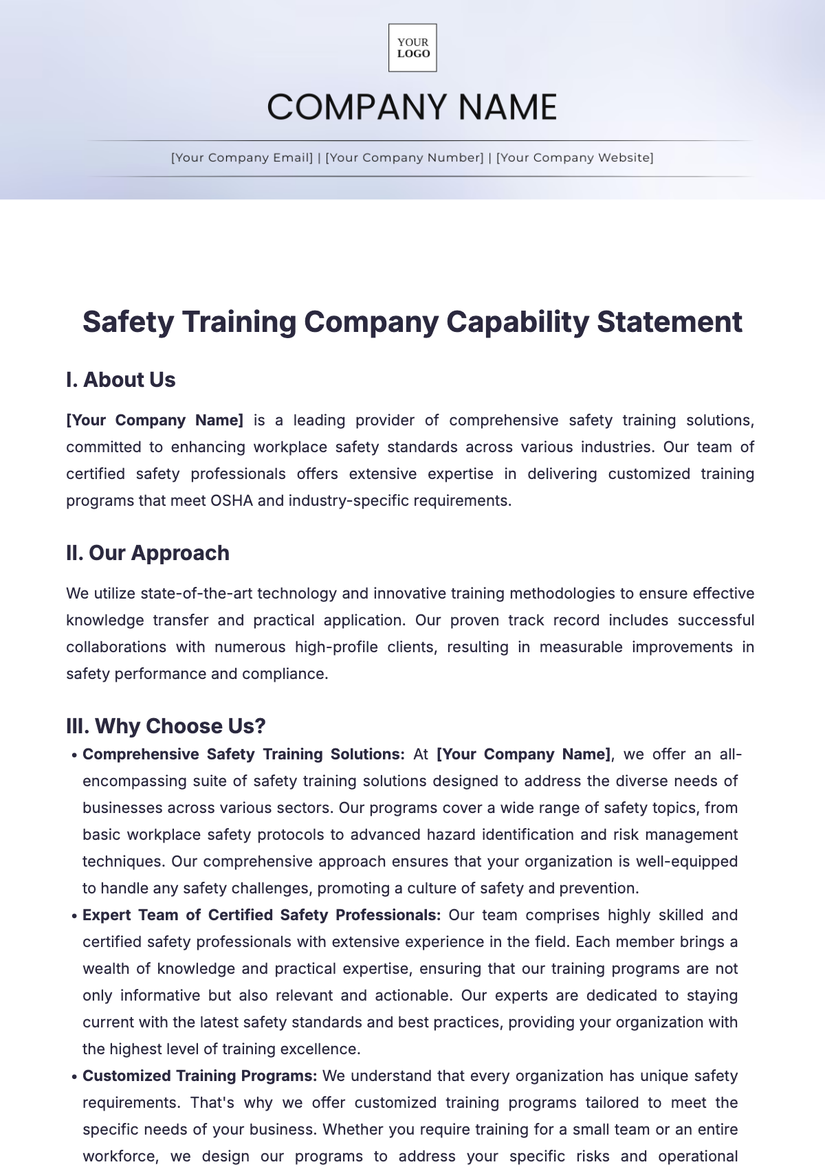 Safety Training Company Capability Statement Template - Edit Online & Download