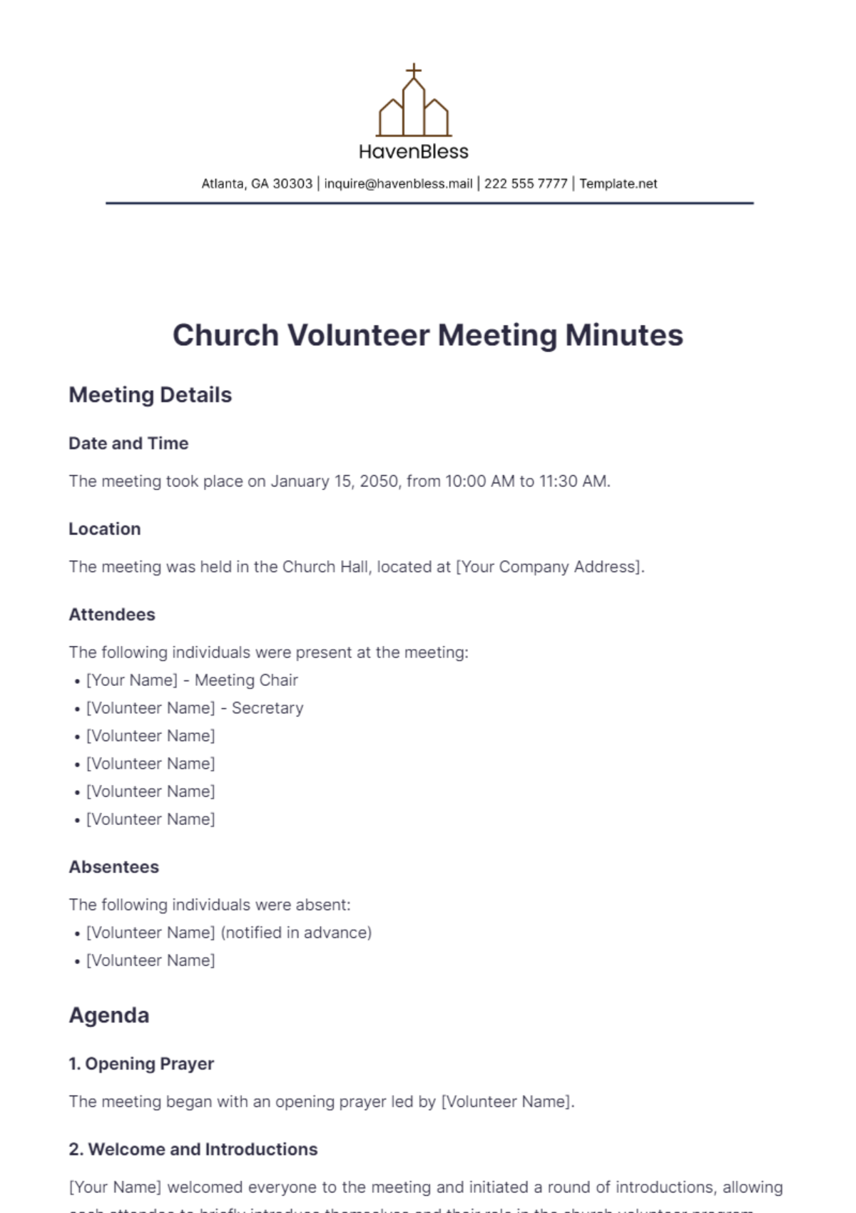 Church Volunteer Meeting Minute Template - Edit Online & Download