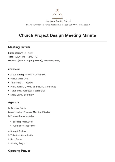 Free Church Project Design Meeting Minute Template to Edit Online