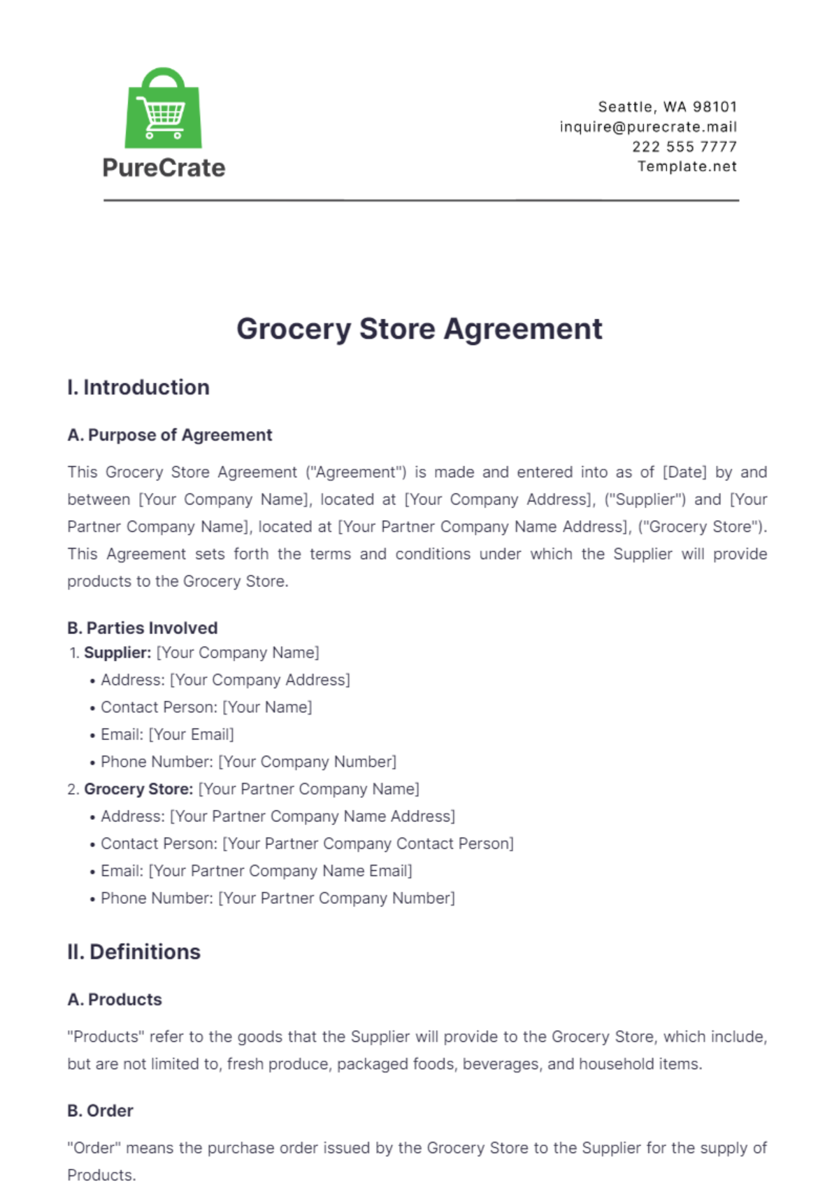 Grocery Store Agreement Template - Edit Online & Download