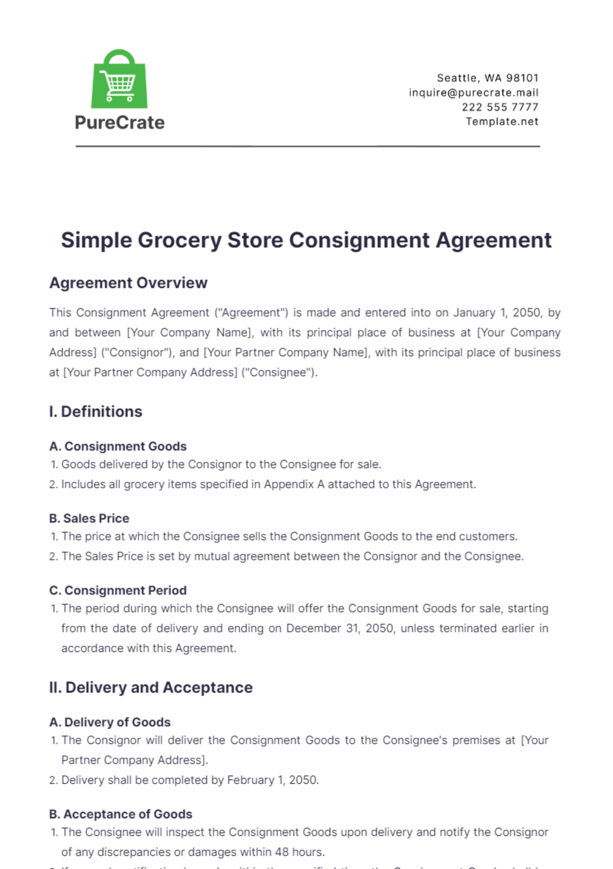 Simple Grocery Store Consignment Agreement Template - Edit Online & Download