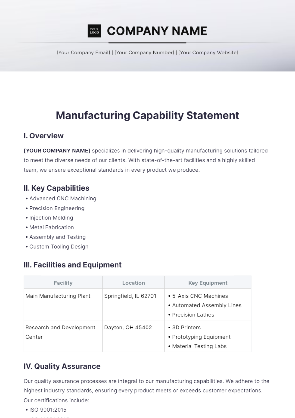 Manufacturing Capability Statement Template - Edit Online & Download