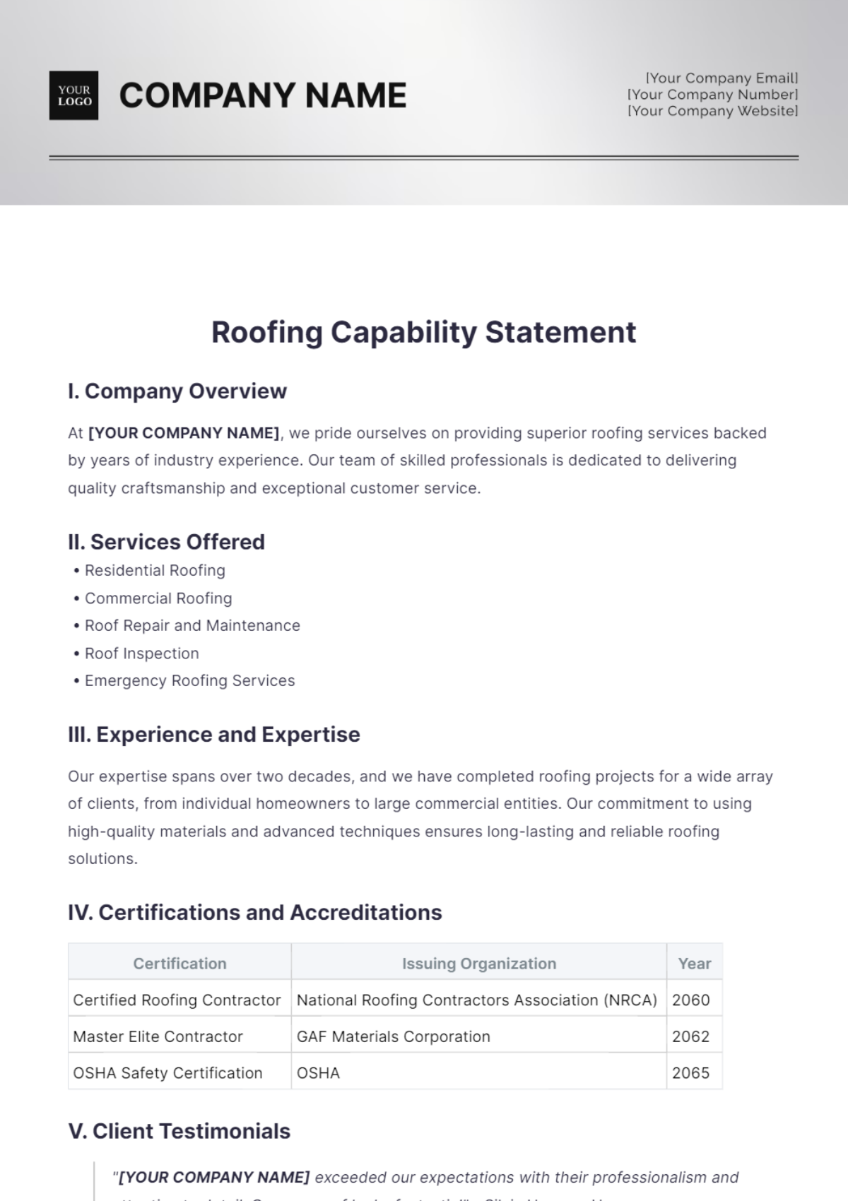 Roofing Capability Statement Template - Edit Online & Download