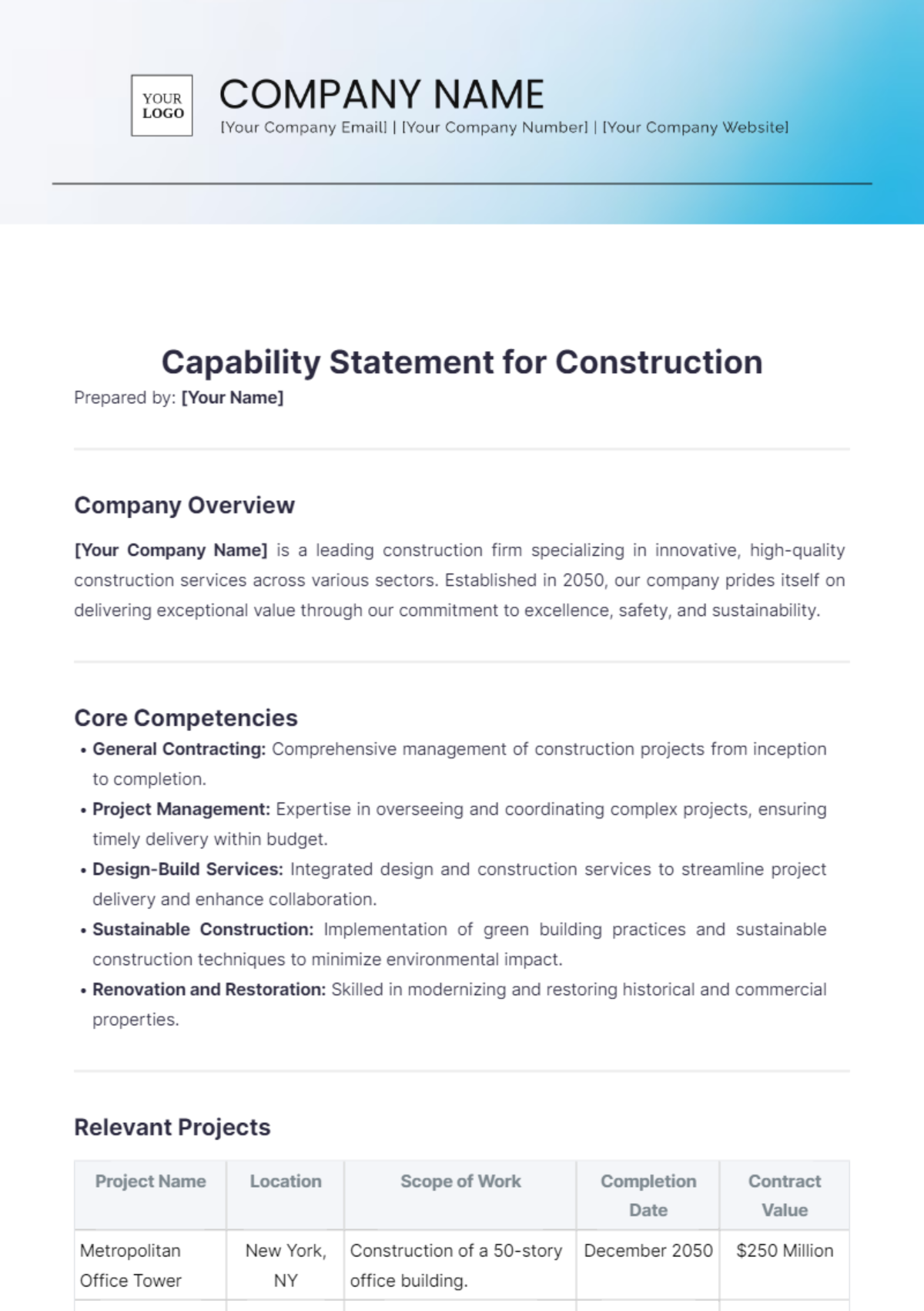 Capability Statement for Construction Template - Edit Online & Download