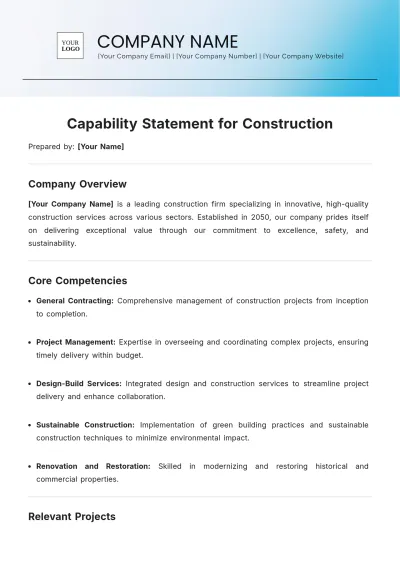 Free Capability Statement for Construction Template to Edit Online