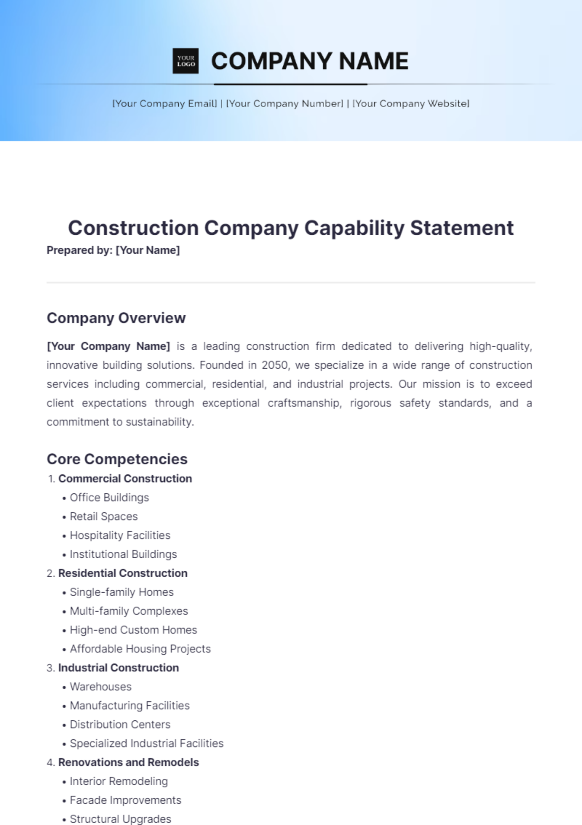 Construction Company Capability Statement Template - Edit Online & Download