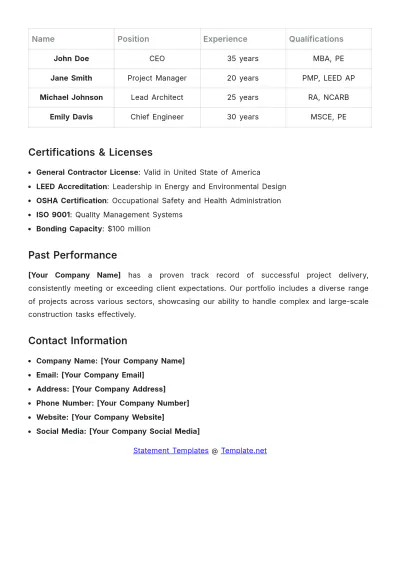 Free Construction Company Capability Statement Template to Edit Online