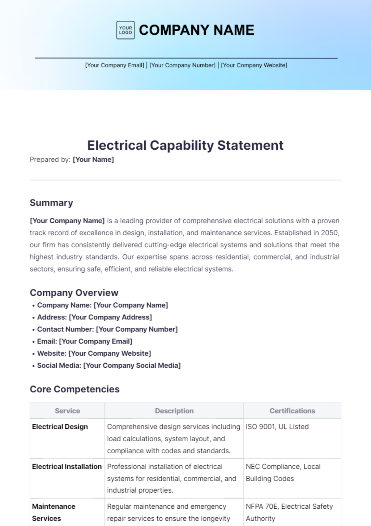 Electrical Capability Statement Template - Edit Online & Download