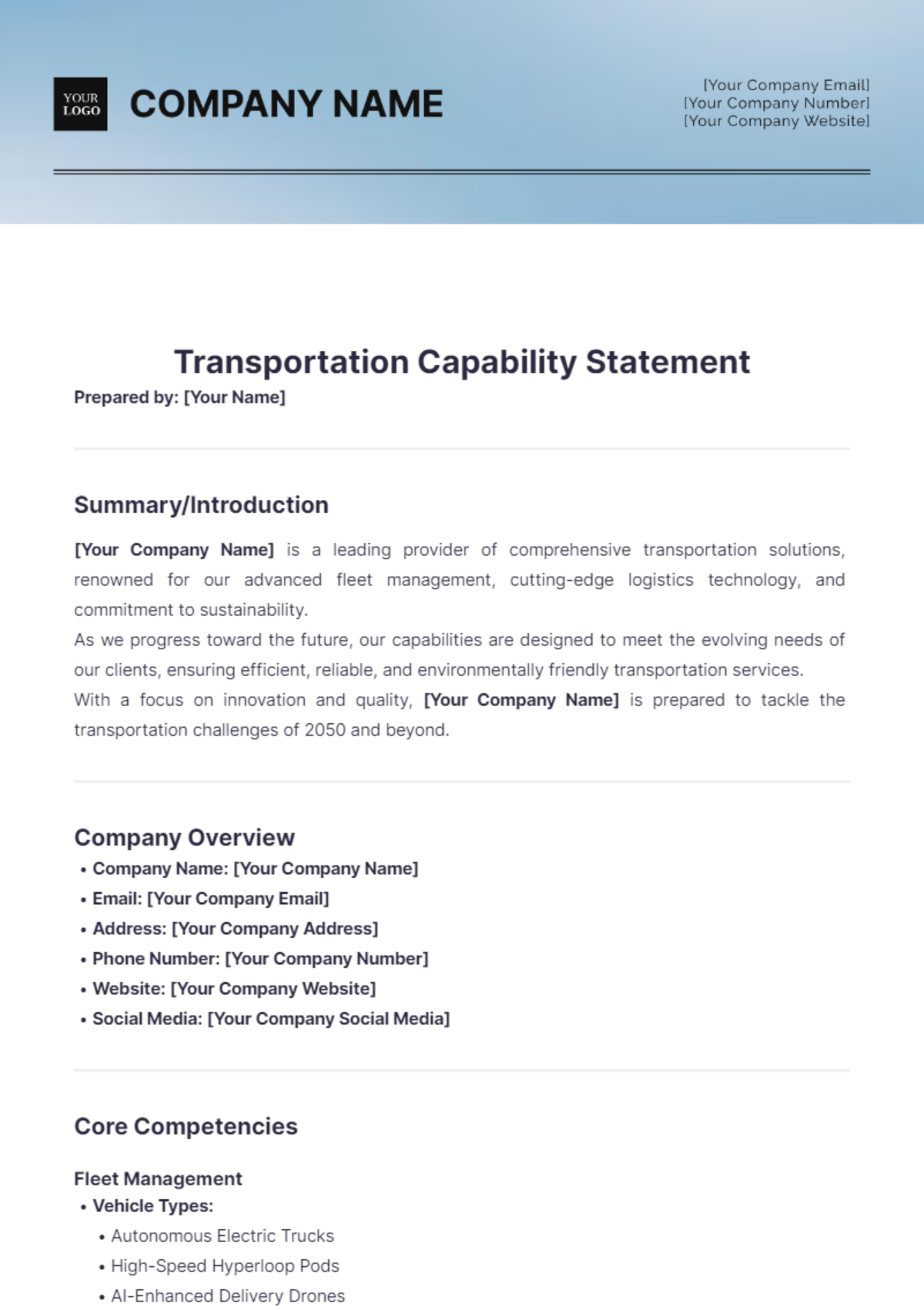 Transportation Capability Statement Template - Edit Online & Download