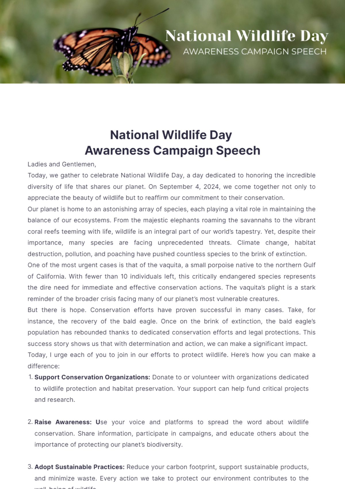 National Wildlife Day Awareness Campaign Speech Template - Edit Online & Download