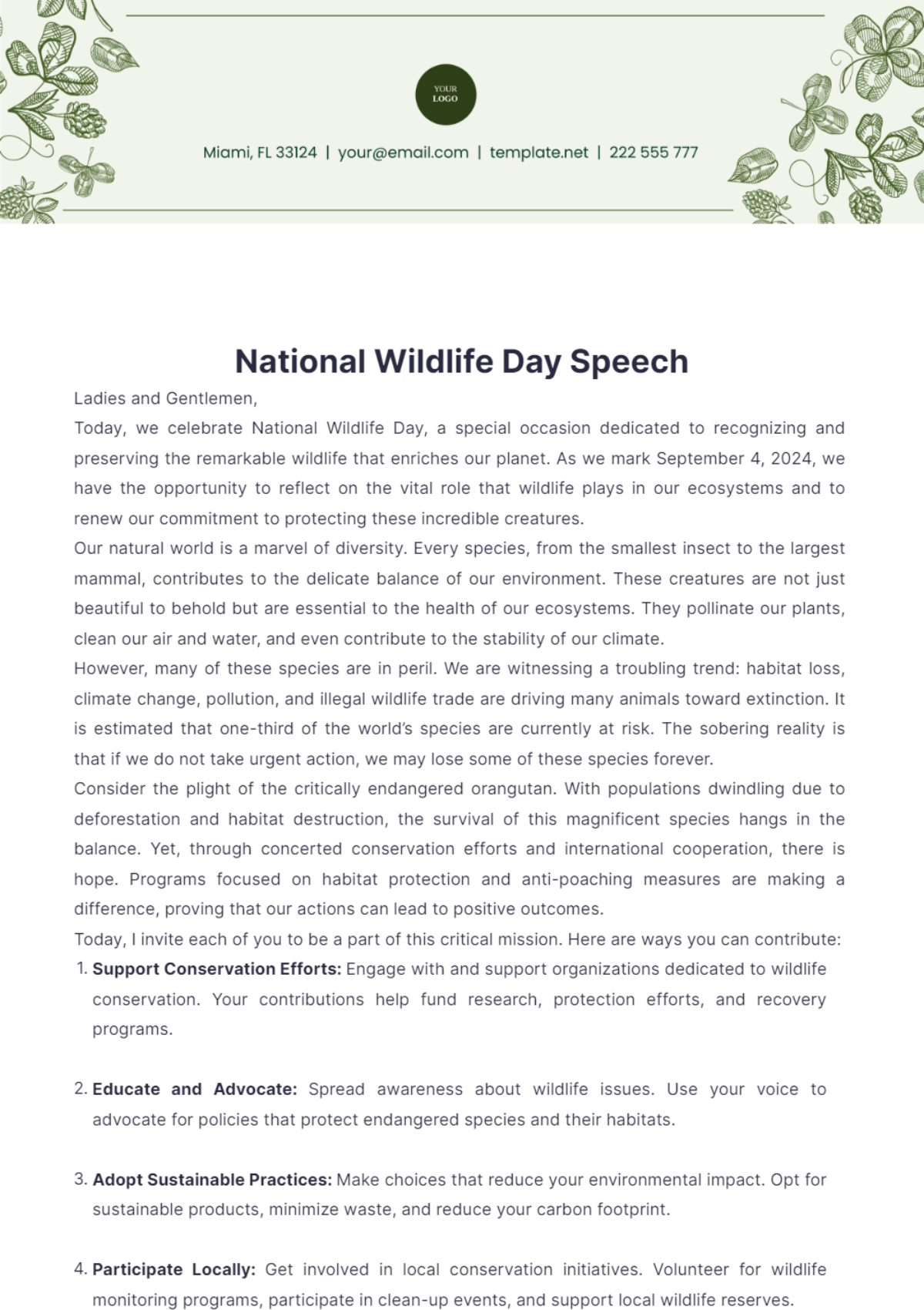 National Wildlife Day Speech Template - Edit Online & Download