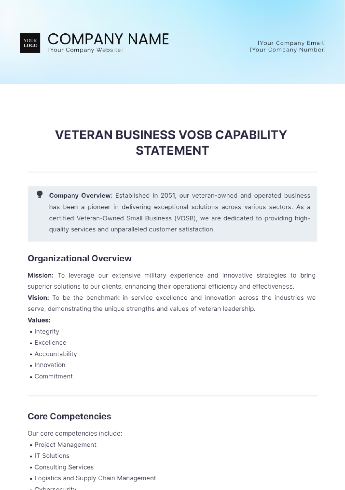 Veteran Business VOSB Capability Statement Template - Edit Online & Download