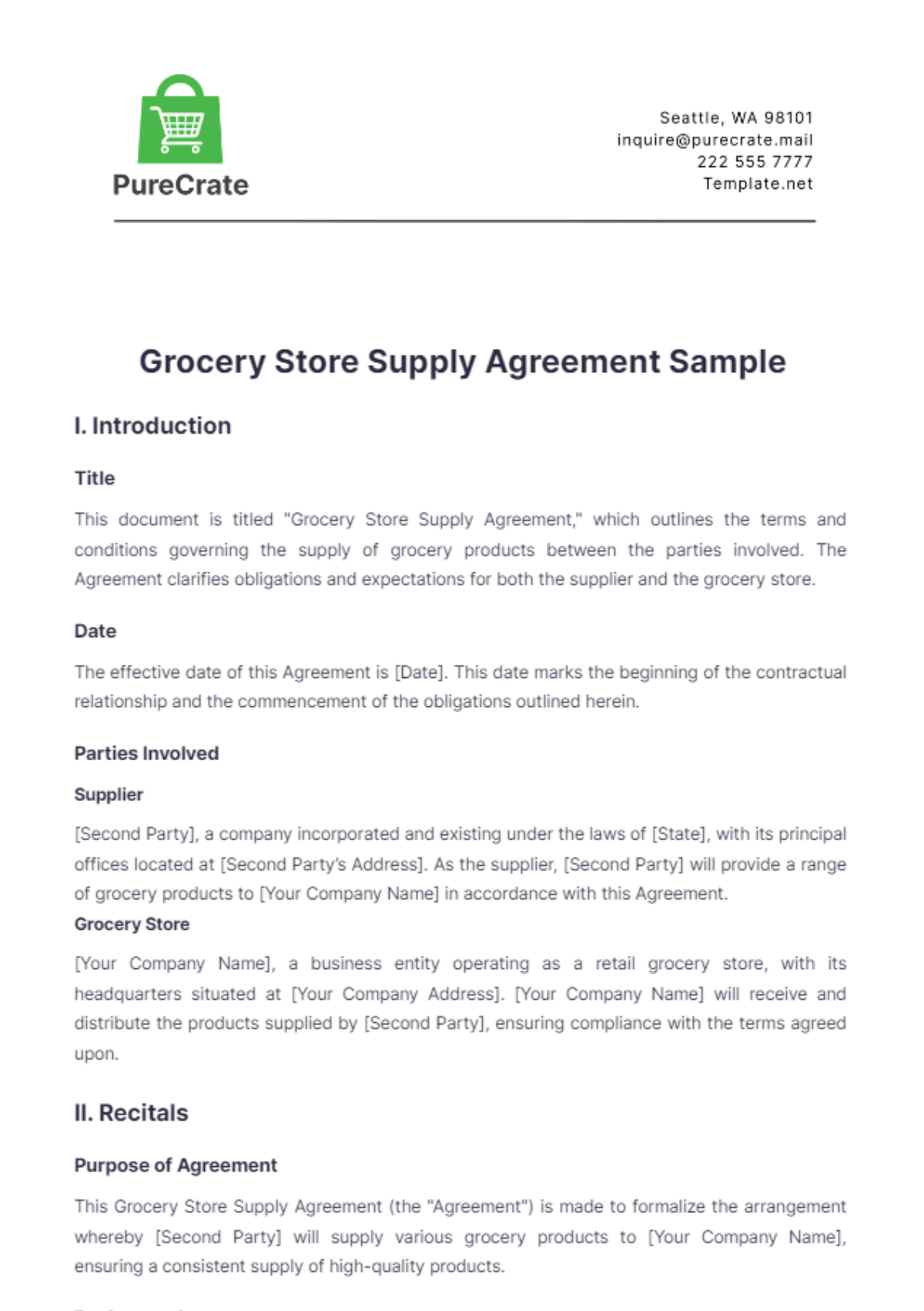 Grocery Store Supply Agreement Sample Template - Edit Online & Download