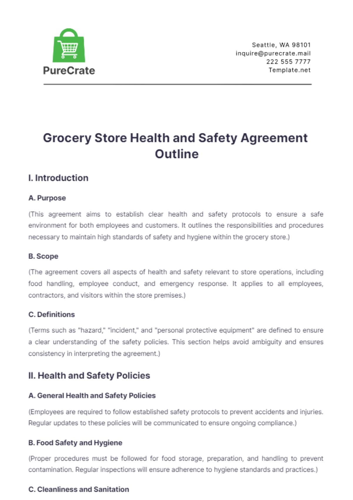 Grocery Store Health and Safety Agreement Outline Template - Edit Online & Download