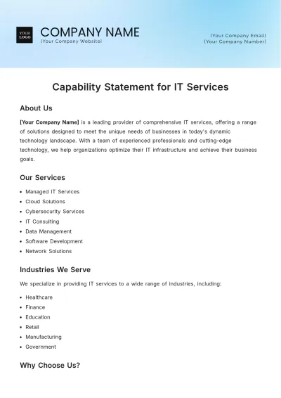 Free Capability Statement for IT Services Template to Edit Online