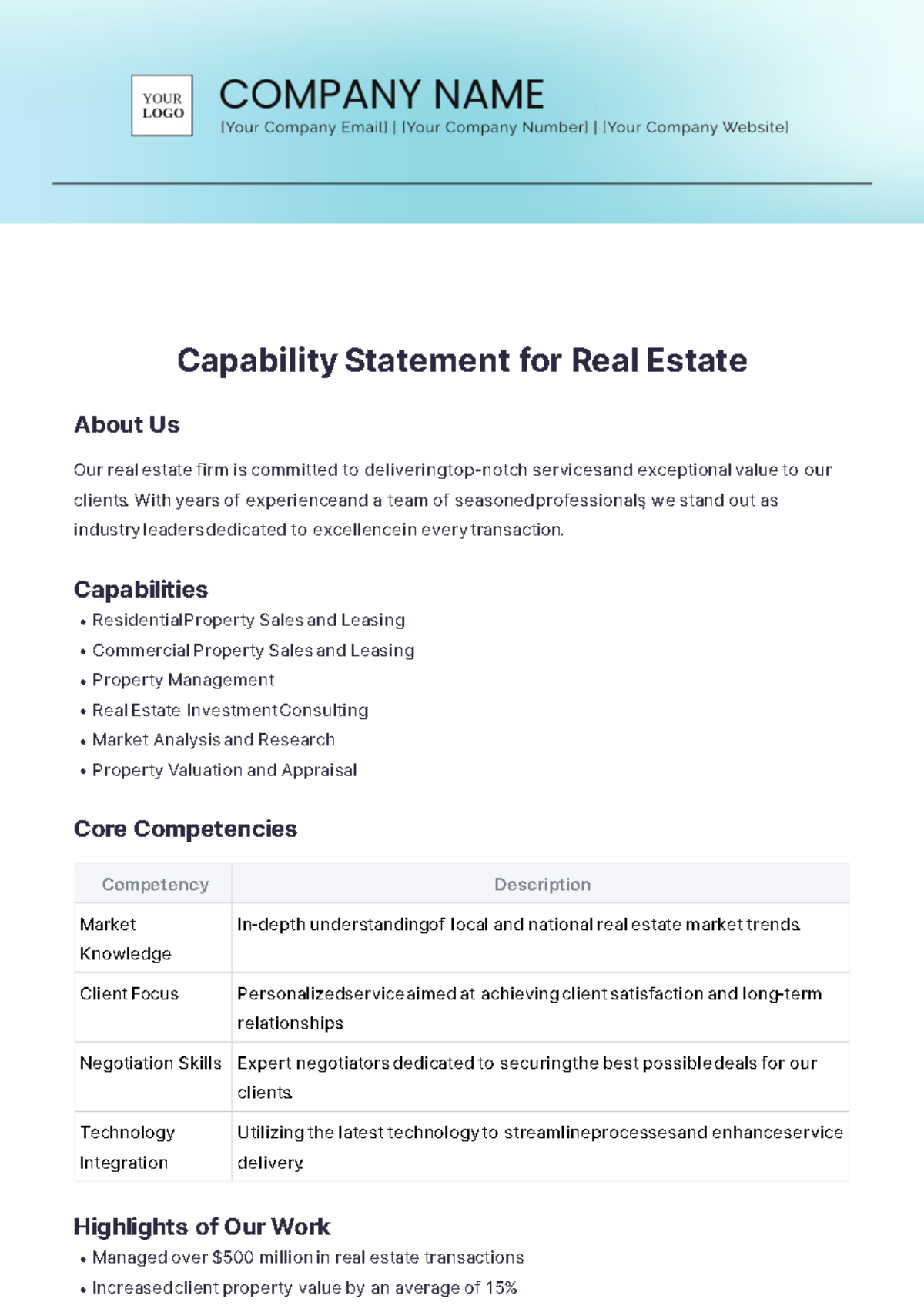 Capability Statement for Real Estate Template - Edit Online & Download