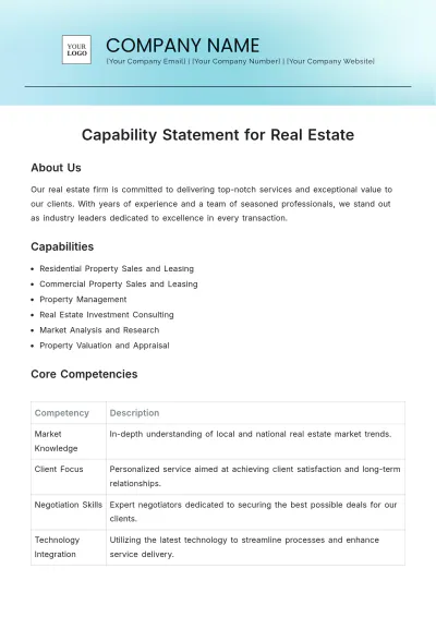 Free Capability Statement for Real Estate Template to Edit Online