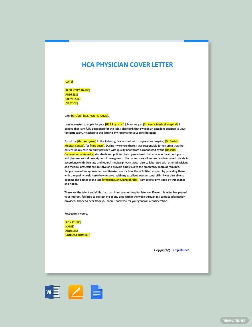 HCA Physician Cover Letter in Word, Google Docs, PDF, Apple Pages