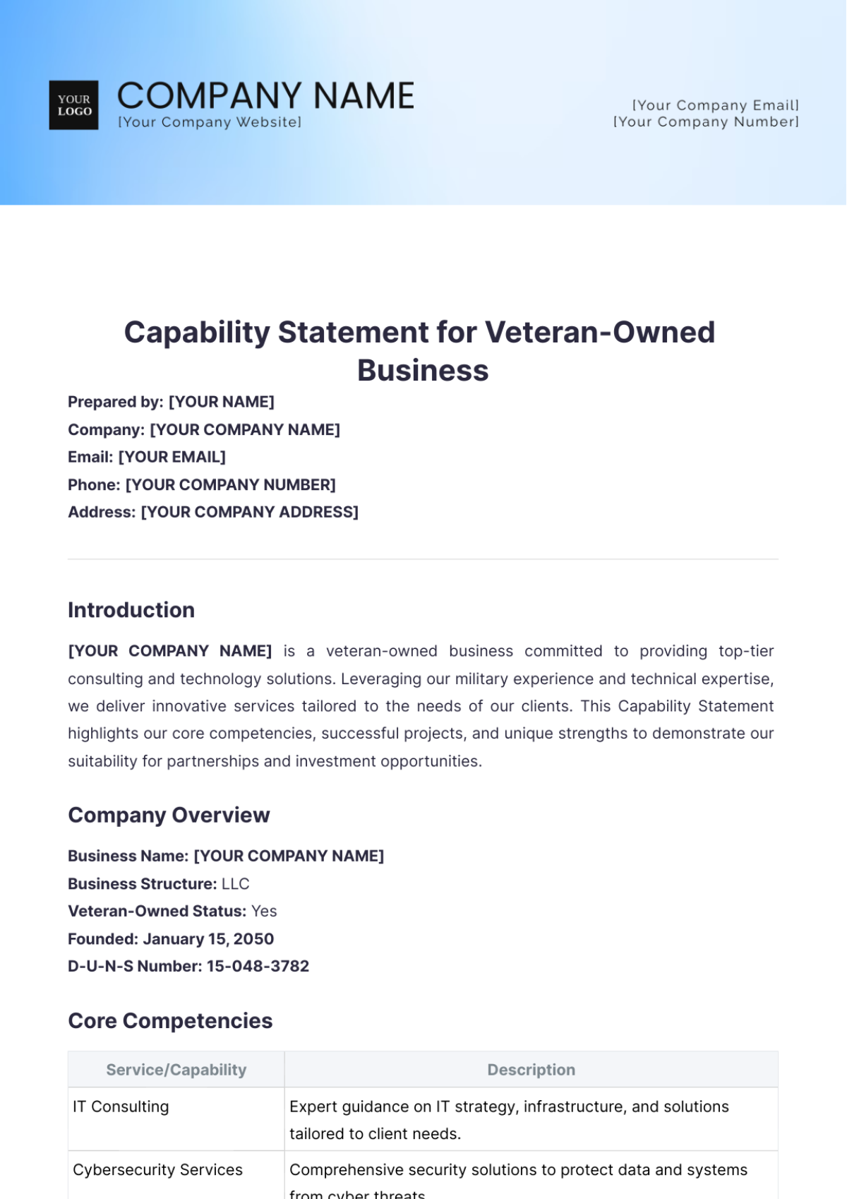 Capability Statement for Veteran-Owned Business Template - Edit Online & Download