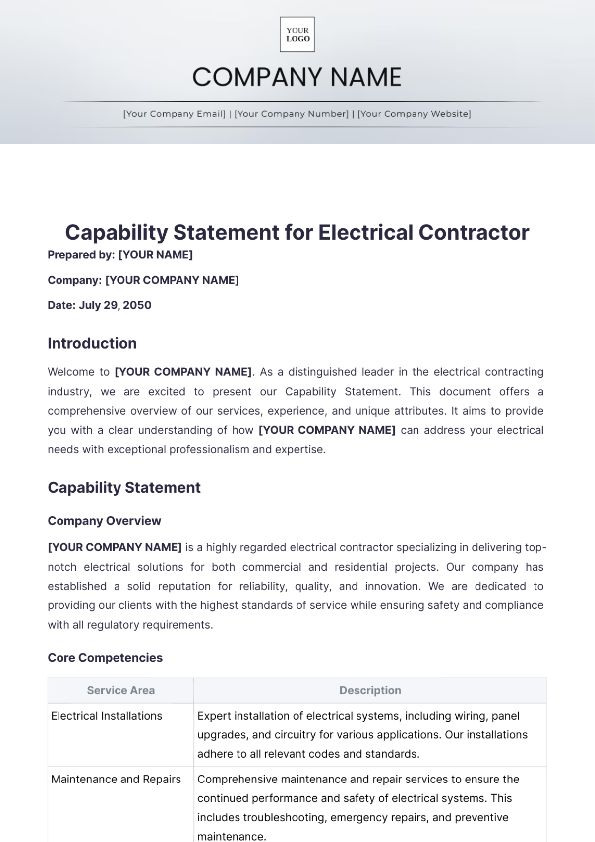 Capability Statement for Electrical Contractor Template - Edit Online & Download