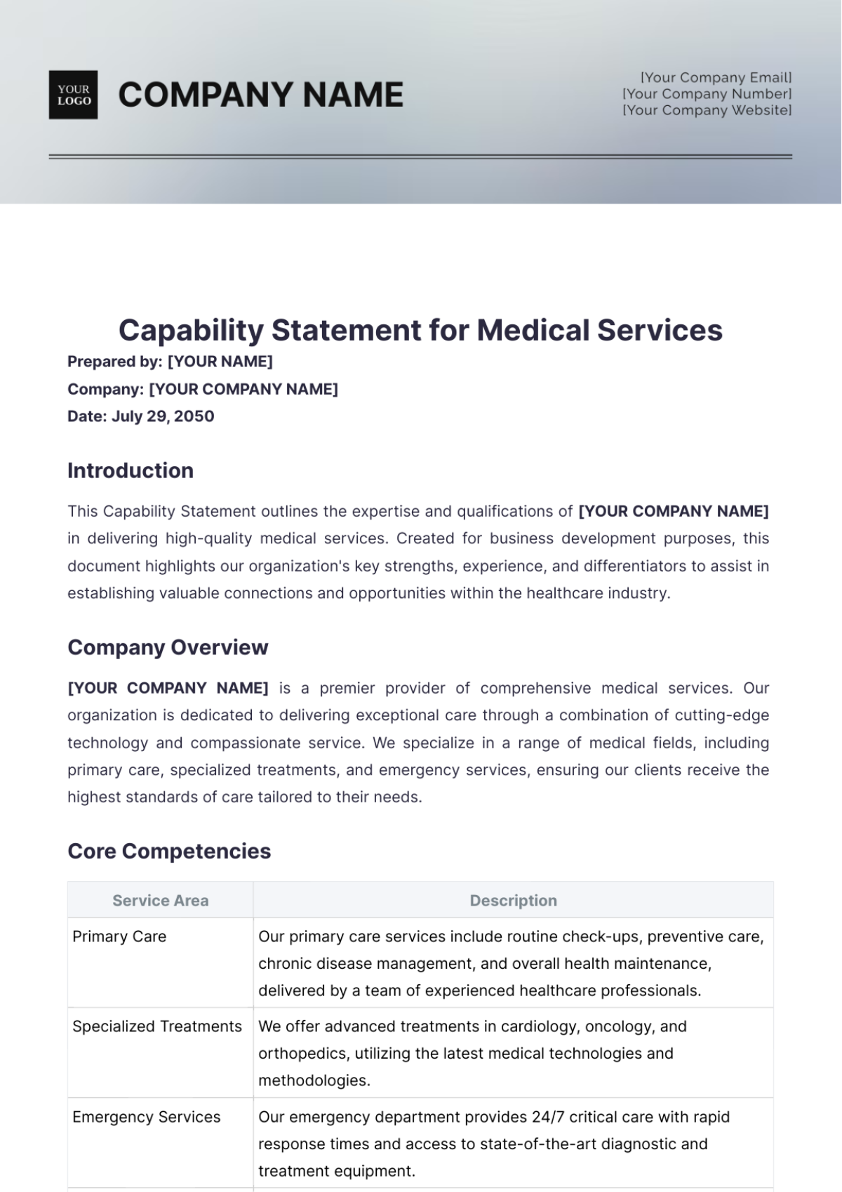 Capability Statement for Medical Services Template - Edit Online & Download